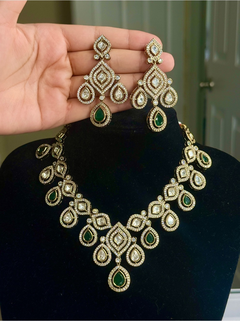Tyaani Premium Indian Pakistani Desi Jewelry Set Gold and Green Emerald